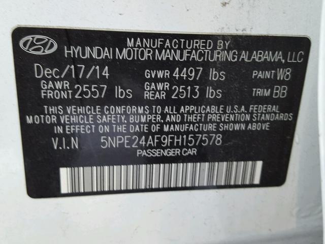 5NPE24AF9FH157578 - 2015 HYUNDAI SONATA SE WHITE photo 10