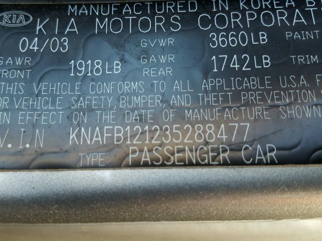 KNAFB121235288477 - 2003 KIA SPECTRA BA SILVER photo 10