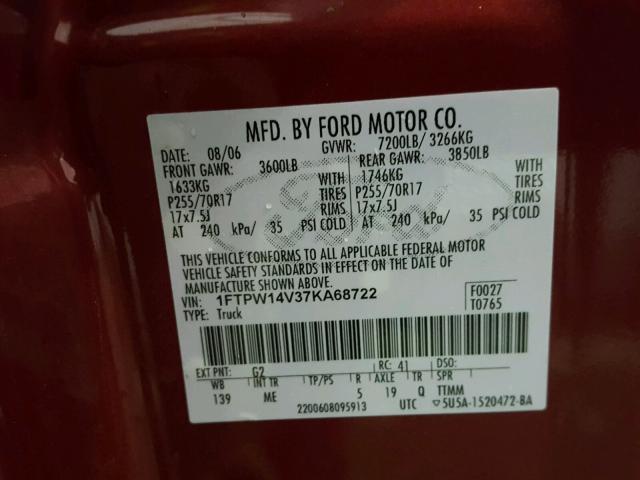 1FTPW14V37KA68722 - 2007 FORD F150 SUPER RED photo 10