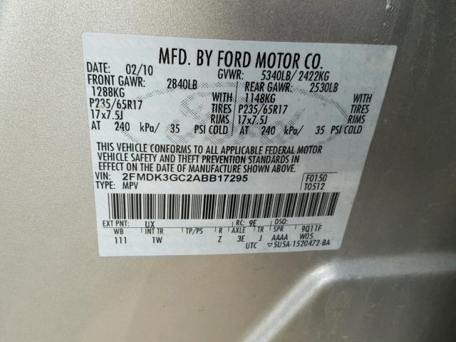 2FMDK3GC2ABB17295 - 2010 FORD EDGE SE SILVER photo 10