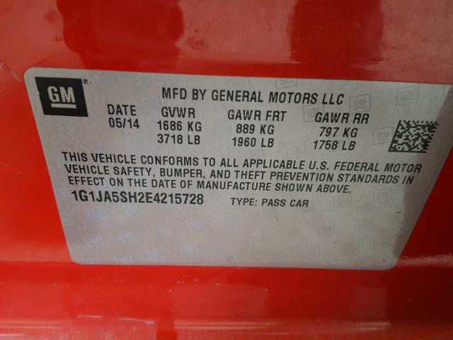 1G1JA5SH2E4215728 - 2014 CHEVROLET SONIC LS Կարմիր լուսանկար 10