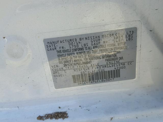 3N1CN7AP6EL860047 - 2014 NISSAN VERSA S WHITE photo 10