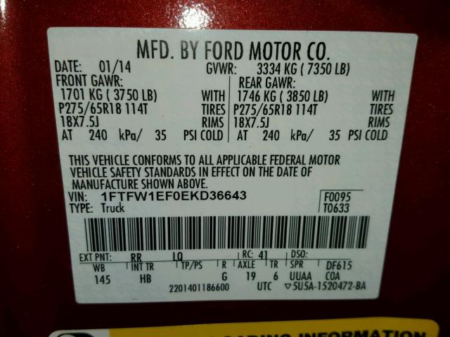 1FTFW1EF0EKD36643 - 2014 FORD F150 SUPER RED photo 10