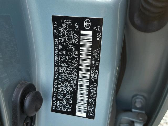 JTDKN3DP2C3015136 - 2012 TOYOTA PRIUS PLUG BLUE photo 10