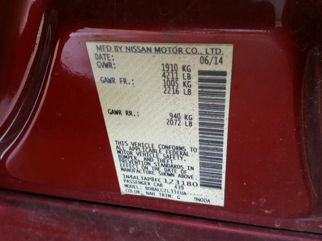 1N4AL3AP8FC123180 - 2015 NISSAN ALTIMA 2.5 RED photo 10