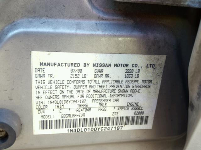 1N4DL01D0YC247187 - 2000 NISSAN ALTIMA XE GOLD photo 10