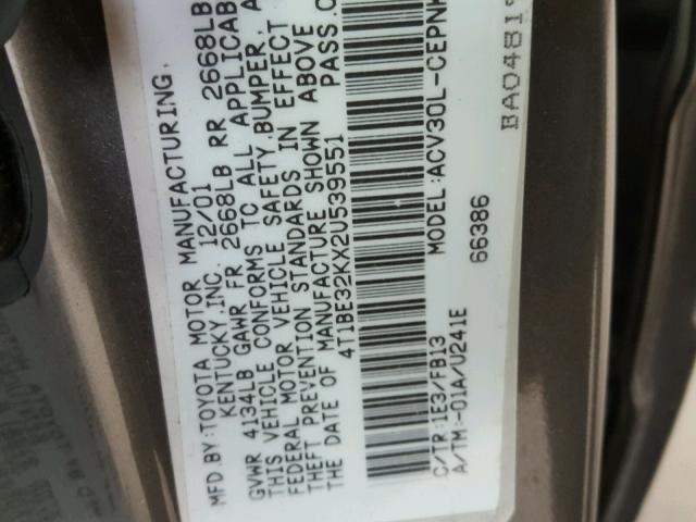 4T1BE32KX2U539551 - 2002 TOYOTA CAMRY LE 灰色 照片 10