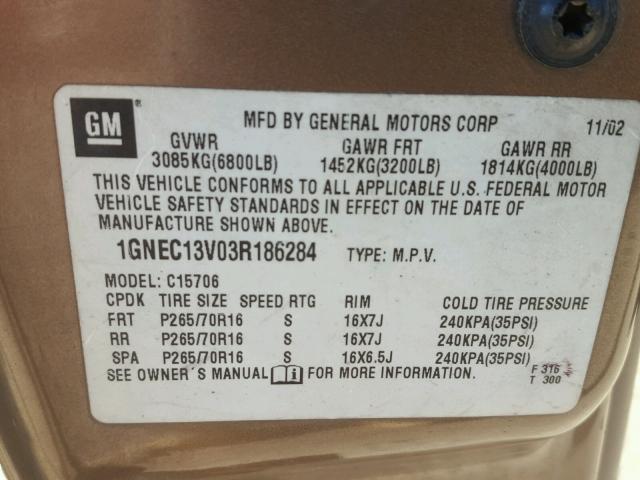 1GNEC13V03R186284 - 2003 CHEVROLET TAHOE C150 GOLD photo 10