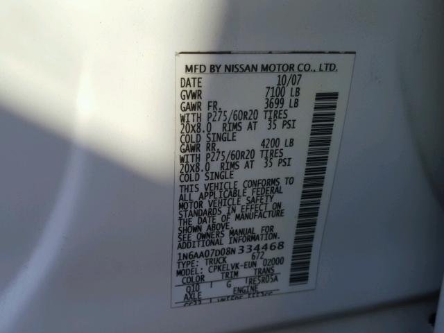 1N6AA07D08N334468 - 2008 NISSAN TITAN XE WHITE photo 10