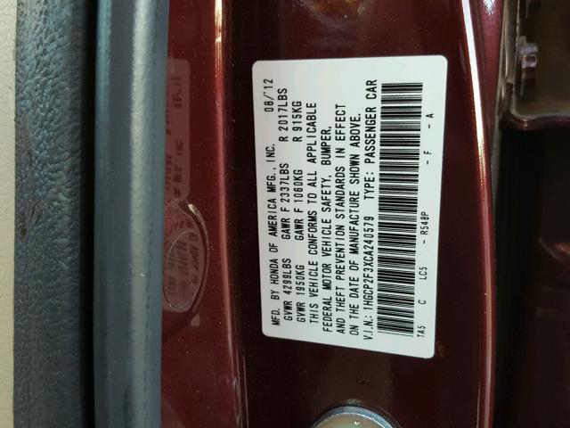 1HGCP2F3XCA240579 - 2012 HONDA ACCORD LX MAROON photo 10