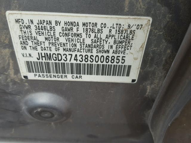 JHMGD37438S006855 - 2008 HONDA FIT SILVER photo 10