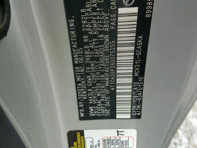 4T1CA30P26U075255 - 2006 TOYOTA CAMRY SOLA SILVER photo 10