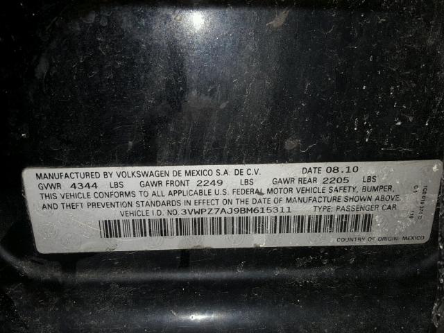 3VWPZ7AJ9BM615311 - 2011 VOLKSWAGEN JETTA S BLACK photo 10