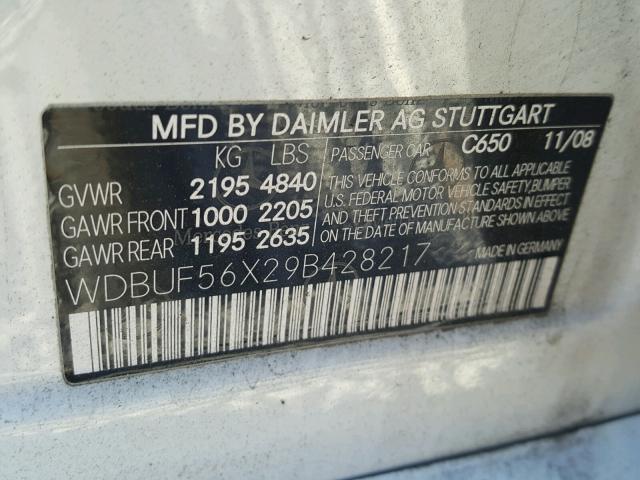 WDBUF56X29B428217 - 2009 MERCEDES-BENZ E 350 WHITE photo 10