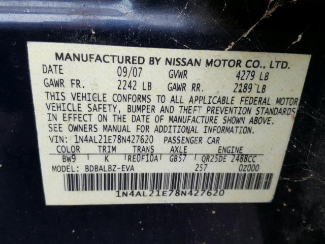 1N4AL21E78N427620 - 2008 NISSAN ALTIMA 2.5 BLUE photo 10