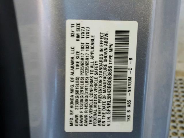 5FNRL5H43BB063696 - 2011 HONDA ODYSSEY EX SILVER photo 10