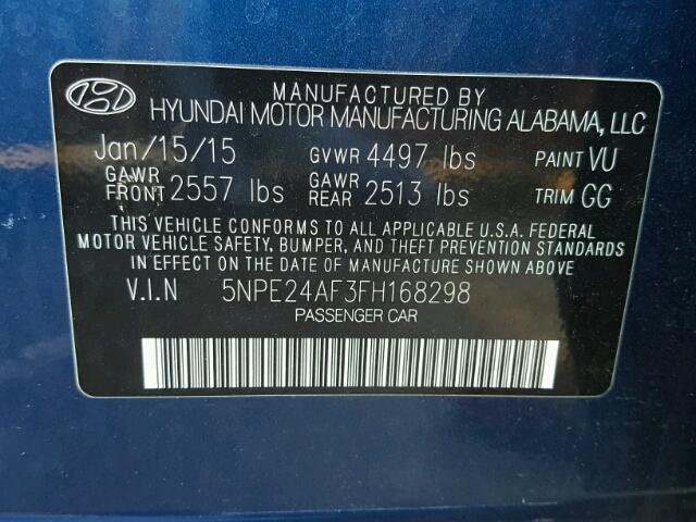 5NPE24AF3FH168298 - 2015 HYUNDAI SONATA SE BLUE photo 10