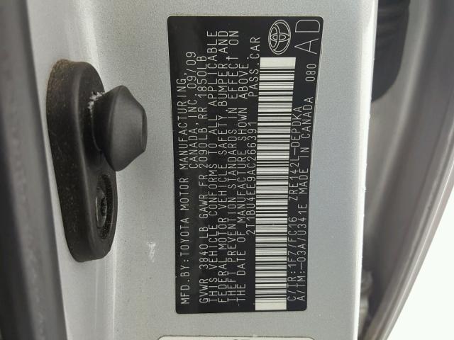 2T1BU4EE9AC266391 - 2010 TOYOTA COROLLA BA SILVER photo 10