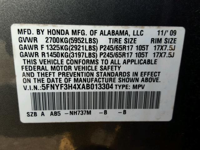 5FNYF3H4XAB013304 - 2010 HONDA PILOT EX GRAY photo 10