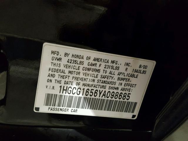 1HGCG1656YA098685 - 2000 HONDA ACCORD EX BLACK photo 10