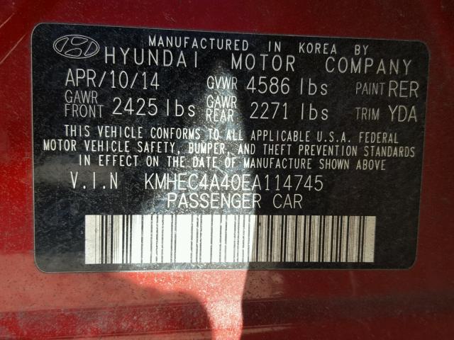 KMHEC4A40EA114745 - 2014 HYUNDAI SONATA HYB RED photo 10