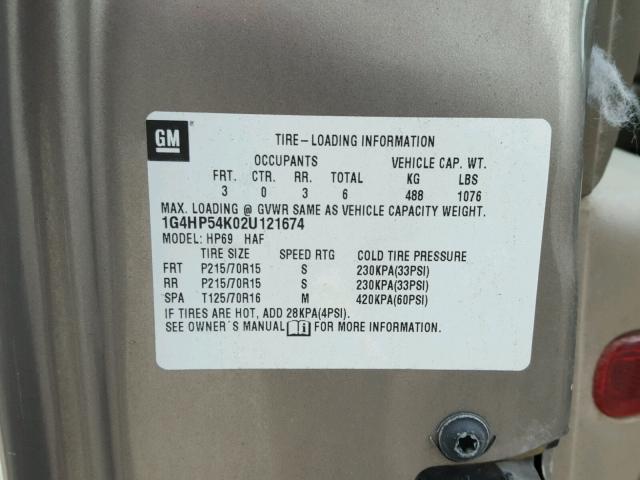 1G4HP54K02U121674 - 2002 BUICK LESABRE CU BEIGE photo 10