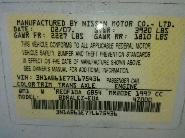 3N1AB61E77L675436 - 2007 NISSAN SENTRA 2.0 WHITE photo 10