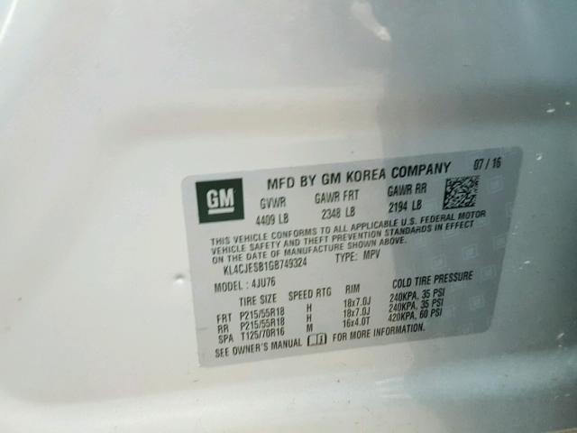 KL4CJESB1GB749324 - 2016 BUICK ENCORE SILVER photo 10