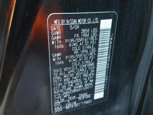 JN8AZ28R69T109717 - 2009 NISSAN CUBE BASE BLACK photo 10