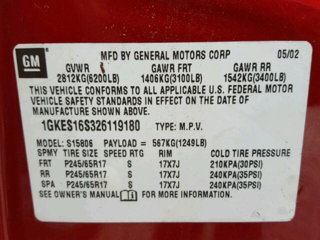 1GKES16S326119180 - 2002 GMC ENVOY XL RED photo 10