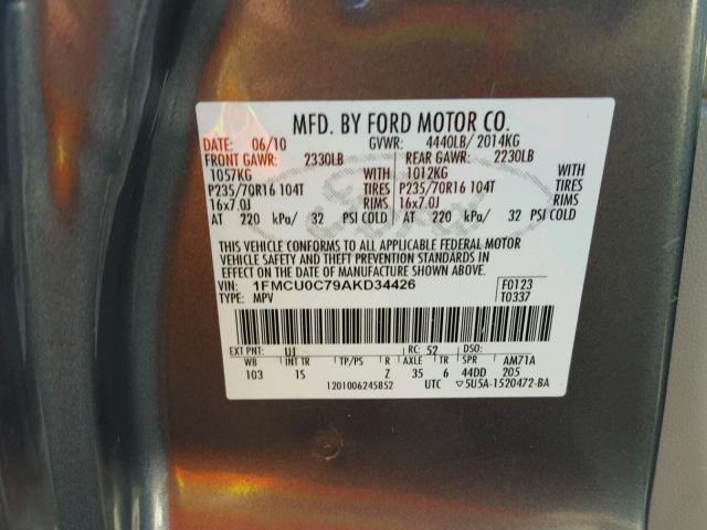 1FMCU0C79AKD34426 - 2010 FORD ESCAPE XLS GRAY photo 10