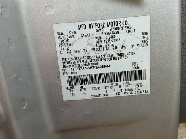 1FTRX14W67NA05644 - 2007 FORD F150 SILVER photo 10