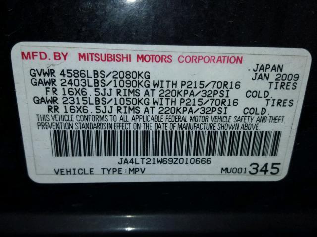 JA4LT21W69Z010666 - 2009 MITSUBISHI OUTLANDER BLACK photo 10