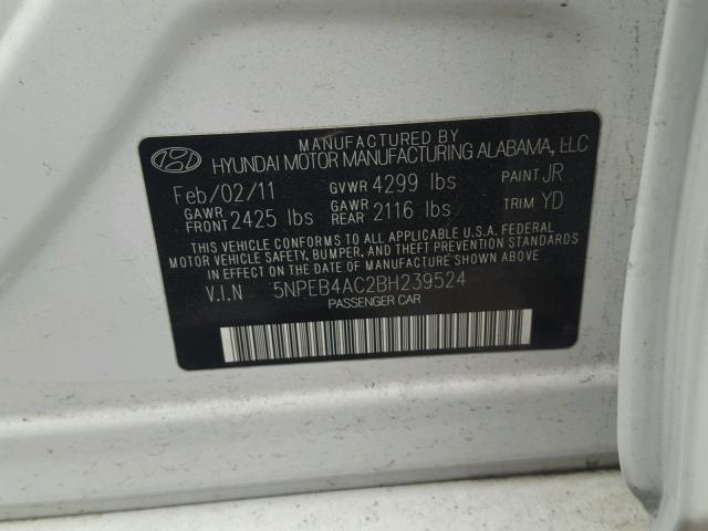 5NPEB4AC2BH239524 - 2011 HYUNDAI SONATA GLS WHITE photo 10