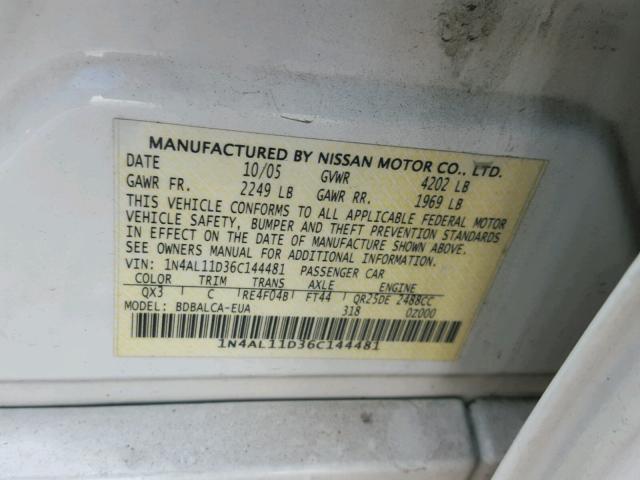 1N4AL11D36C144481 - 2006 NISSAN ALTIMA S WHITE photo 10