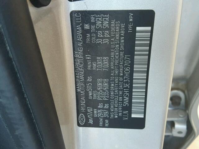 5NMSH13E37H067071 - 2007 HYUNDAI SANTA FE S Silber Foto 10