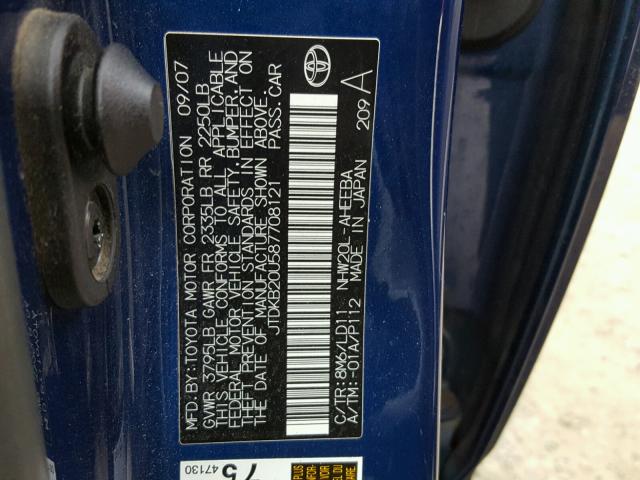 JTDKB20U587708121 - 2008 TOYOTA PRIUS BLUE photo 10