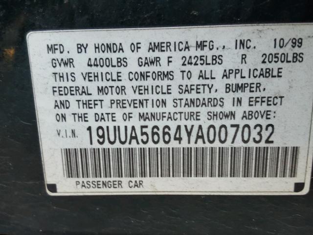 19UUA5664YA007032 - 2000 ACURA 3.2TL GREEN photo 10