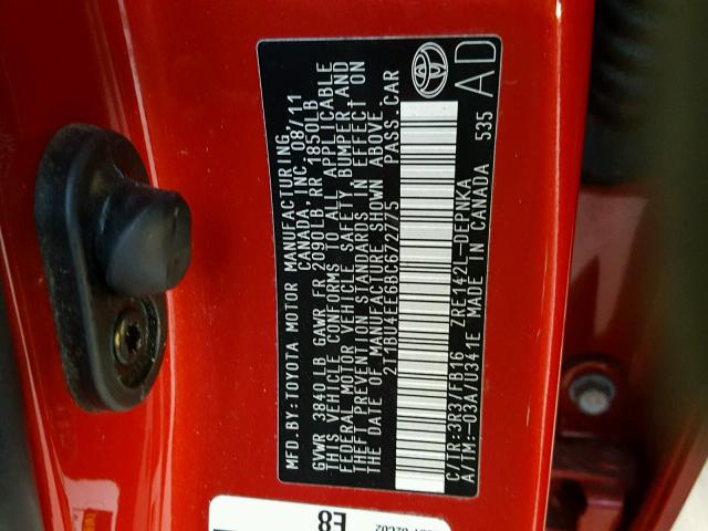 2T1BU4EE6BC672775 - 2011 TOYOTA COROLLA BA RED photo 10