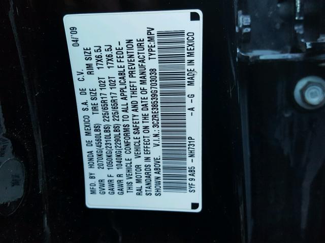 3CZRE38539G703038 - 2009 HONDA CR-V EX BLACK photo 10