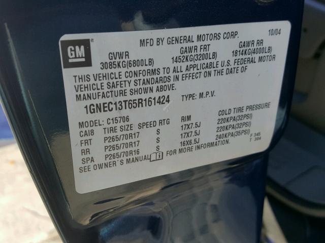 1GNEC13T65R161424 - 2005 CHEVROLET TAHOE C150 BLUE photo 10