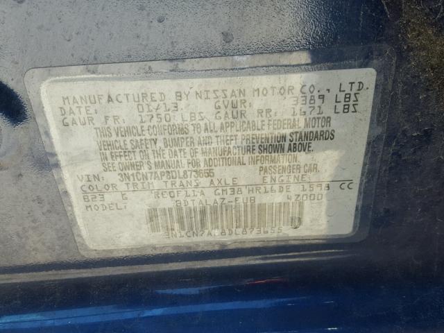 3N1CN7AP8DL873655 - 2013 NISSAN VERSA S BLUE photo 10