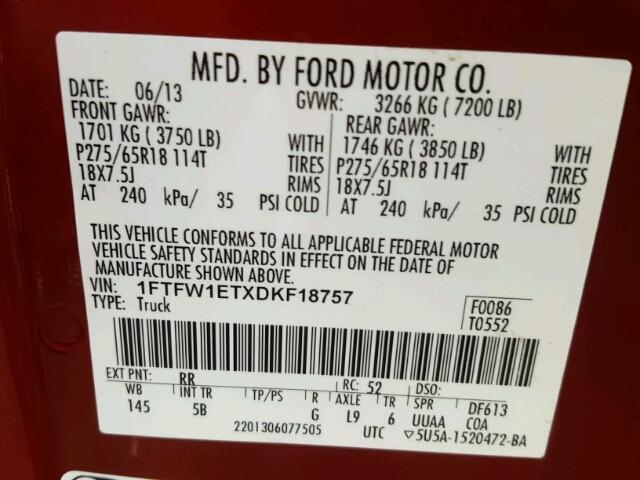 1FTFW1ETXDKF18757 - 2013 FORD F150 SUPER RED photo 10