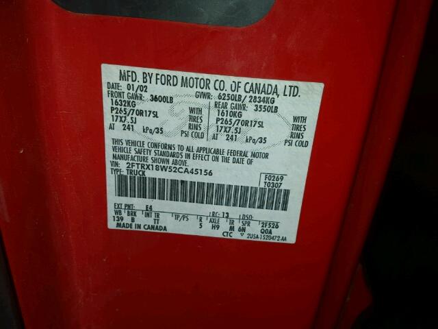 2FTRX18W52CA45156 - 2002 FORD F150 RED photo 10