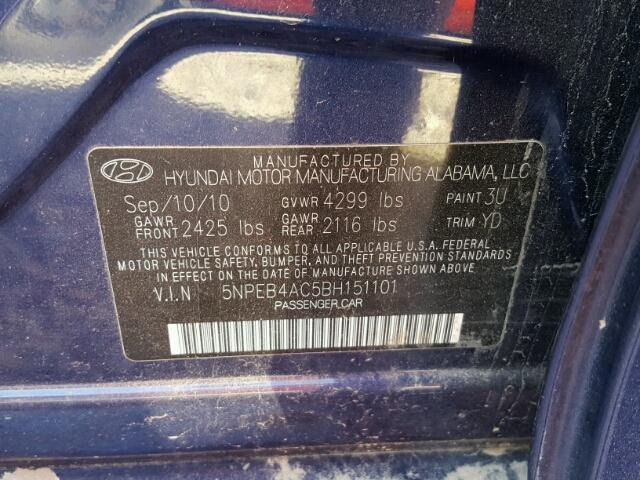 5NPEB4AC5BH151101 - 2011 HYUNDAI SONATA GLS BLUE photo 10