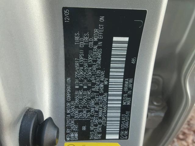 JTEDP21A660104836 - 2006 TOYOTA HIGHLANDER SILVER photo 10