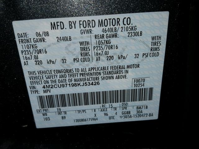 4M2CU97198KJ53426 - 2008 MERCURY MARINER PR GRAY photo 10