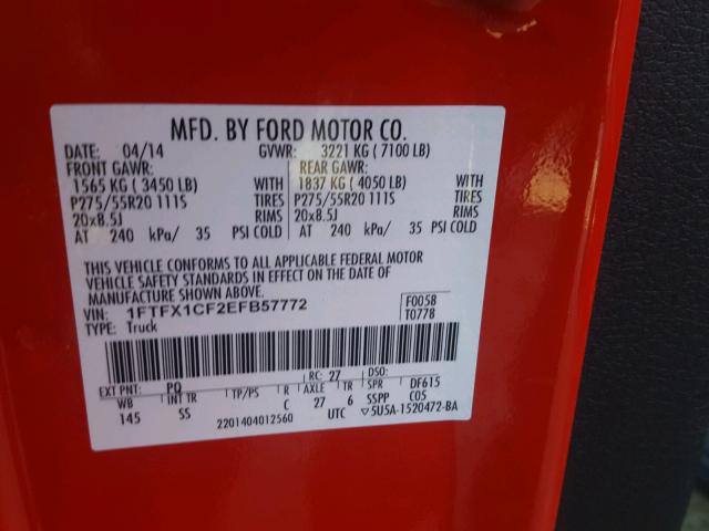 1FTFX1CF2EFB57772 - 2014 FORD F150 SUPER RED photo 10