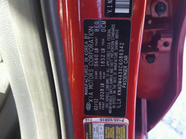 KNADM4A3XC6086342 - 2012 KIA RIO LX RED photo 10