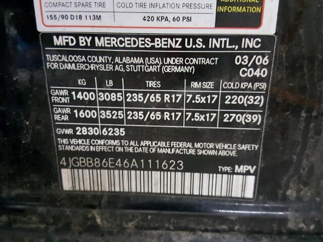 4JGBB86E46A111623 - 2006 MERCEDES-BENZ ML 350 BLACK photo 10